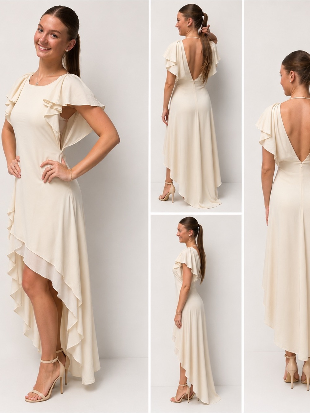BCBGMAXAZRIA 100% Silk High Low Maxi Dress | XXS (Fits S) | Ivory | Open Back